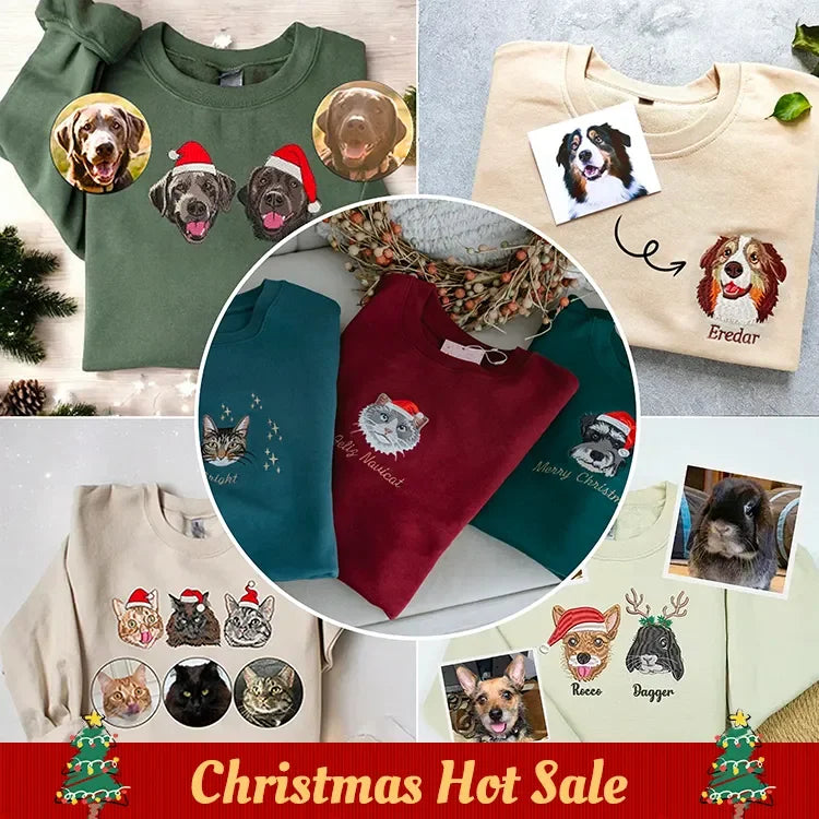 Custom Christmas Hoodie Embroidered Sweatshirt With Pet Portrait | Gifts for Pet Lovers