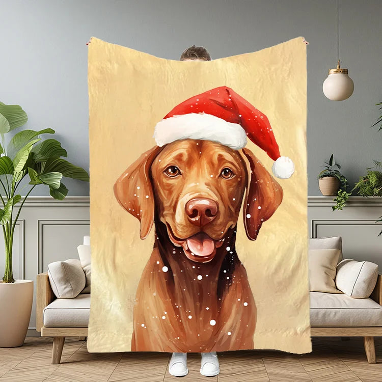 Custom Christmas Pet Portrait Blanket with Santa Hat & Snowflakes – Personalized Dog Blanket Gift