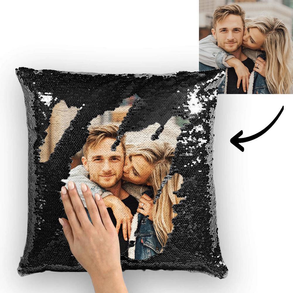 Couple Photo Personalized Magic Sequins Pillow Multicolor Shiny