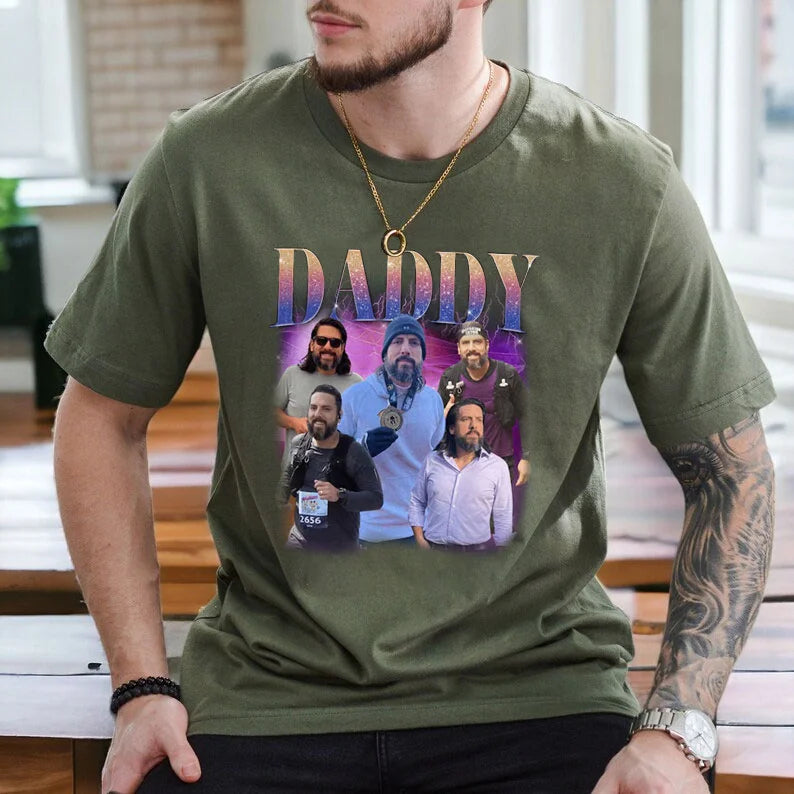 Custom Photo Vintage Daddy T-shirt With Shiny Text - Father's Day Gift