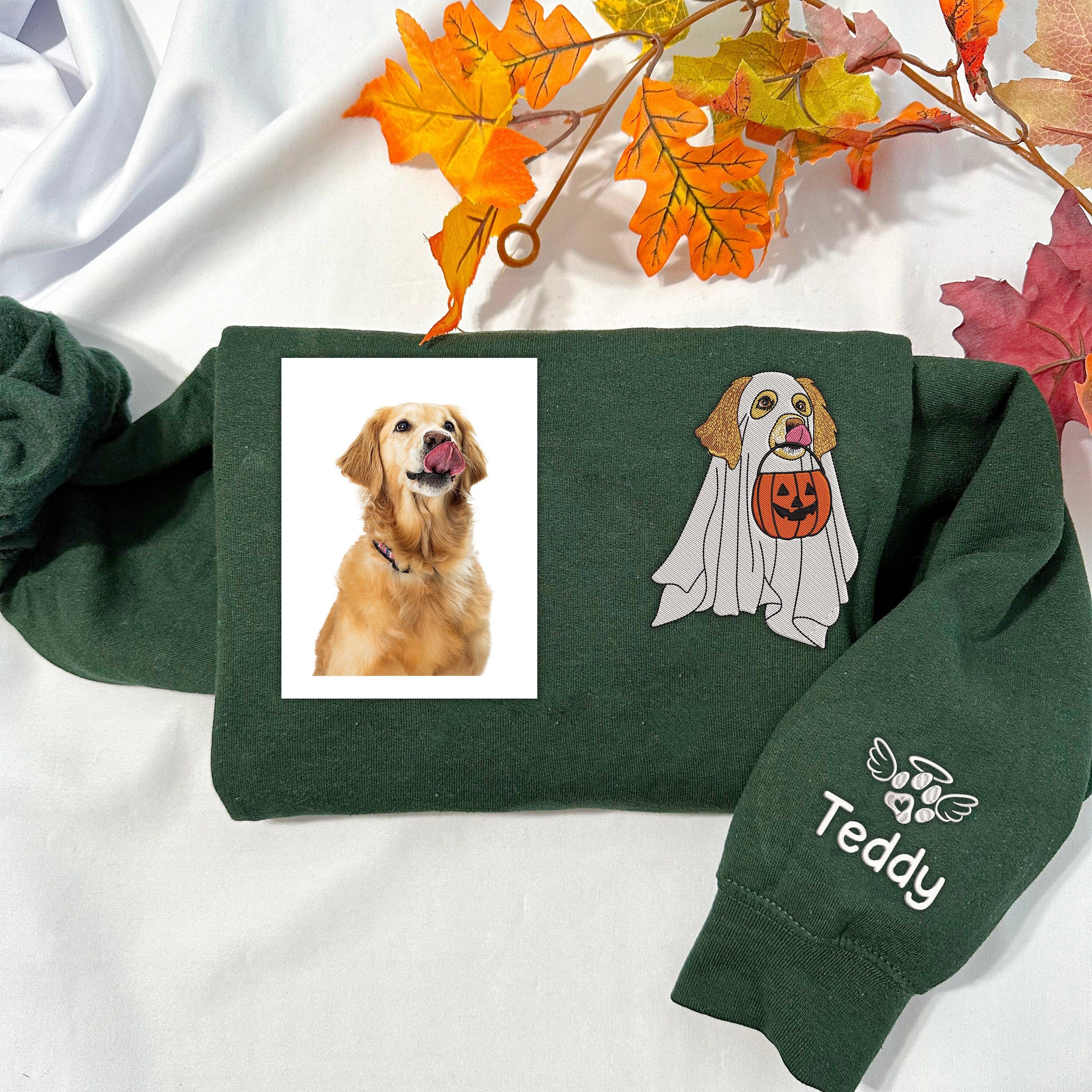 Custom Embroidered Halloween Ghost Dog Sweatshirt from Photo | Dog Lover Gift