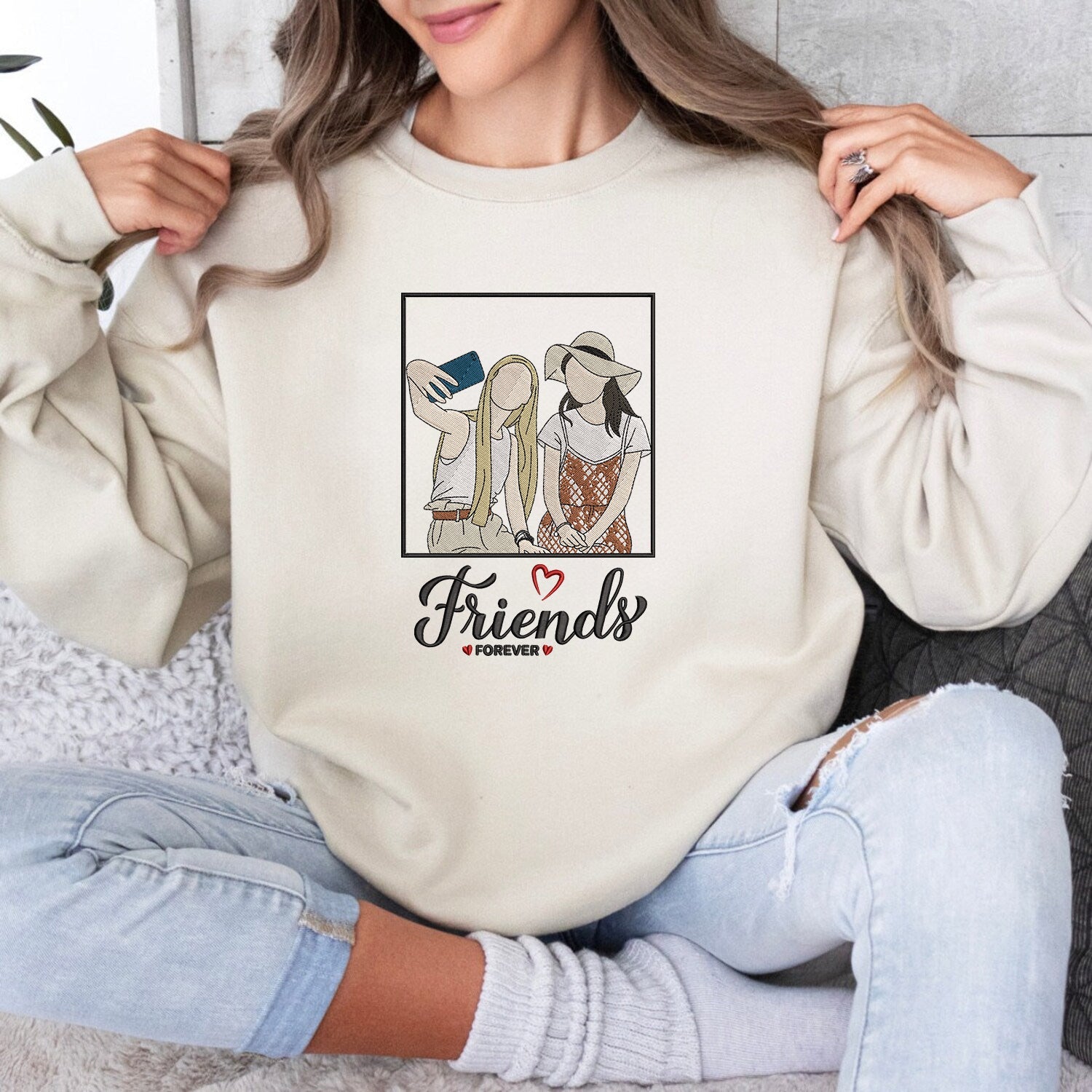 Custom Best friends Forever Embroidered Sweatshirt, Custom Portrait Embroidery Sweatshirt | Gift For Best Friends