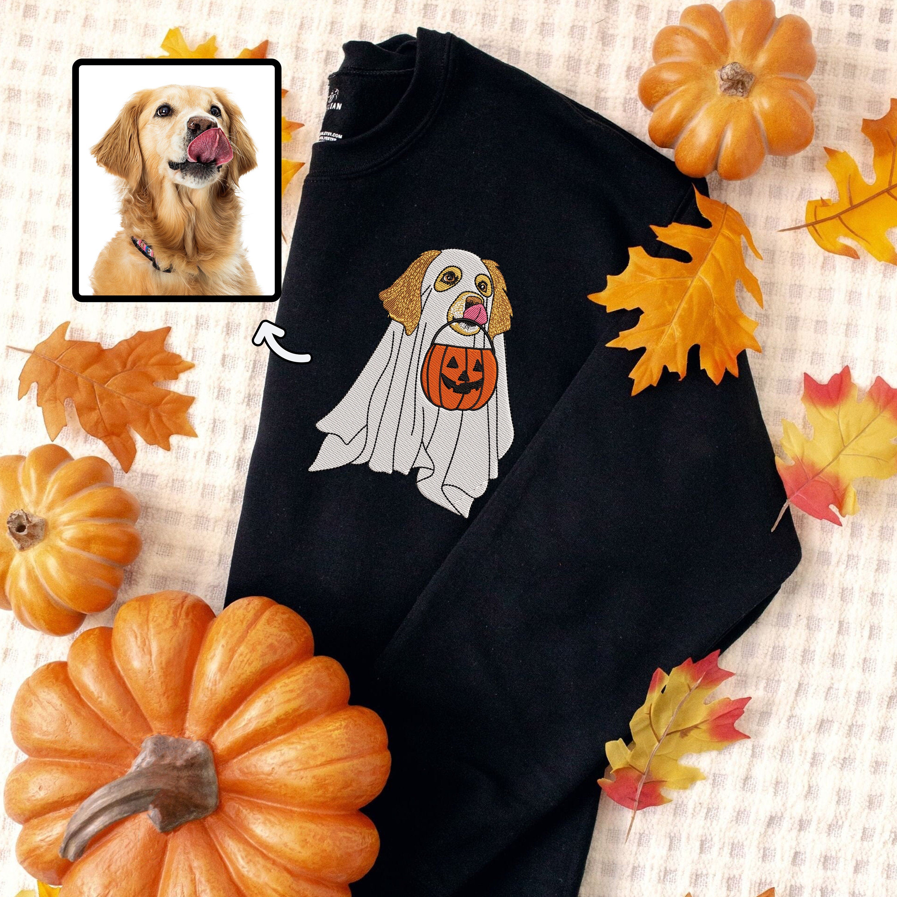 Custom Embroidered Halloween Ghost Dog Sweatshirt from Photo | Dog Lover Gift