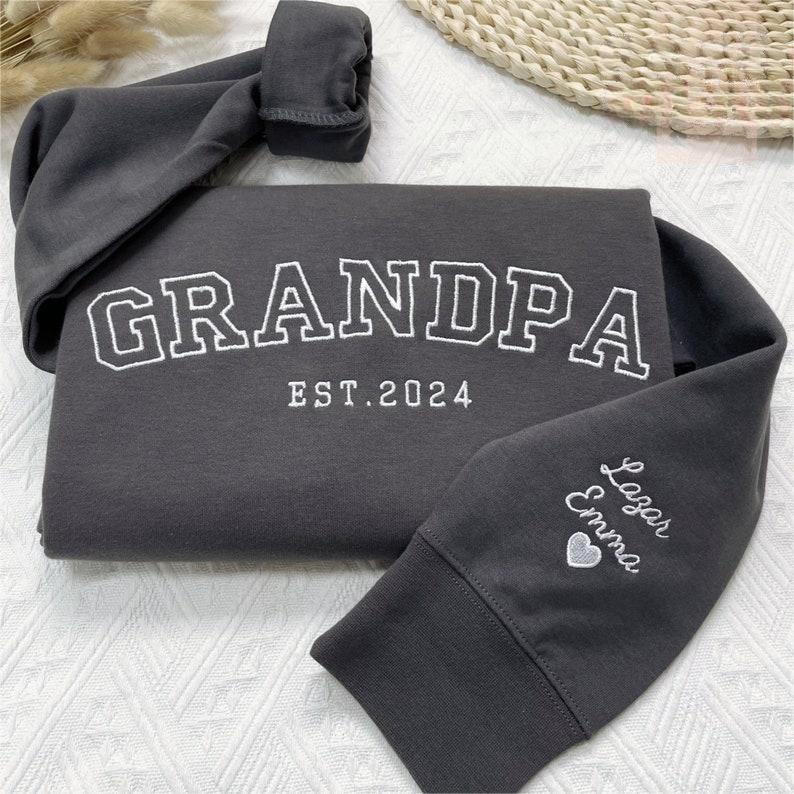 Custom Embroidered Grandpa Sweatshirt with Grandkids Names on Sleeve For Father's Day