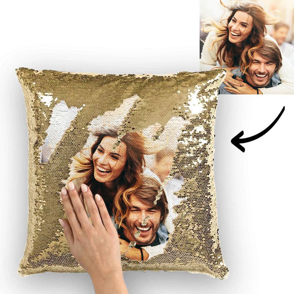 Custom Couple Photo Magic Sequins Pillow Multicolor Shiny