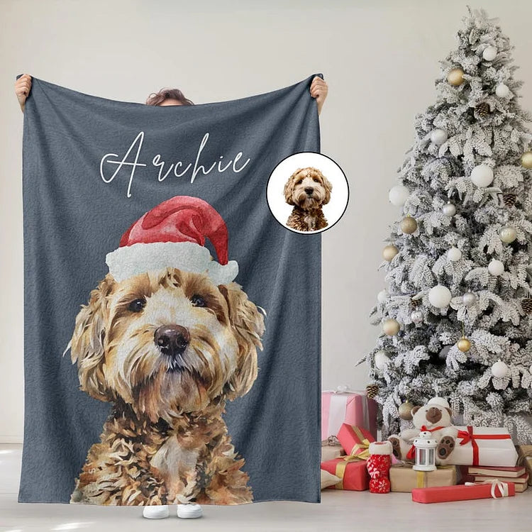 Personalized Watercolor Christmas Pet Blanket Using Pet Photo