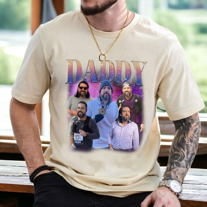 Custom Photo Vintage Daddy T-shirt With Shiny Text - Father's Day Gift