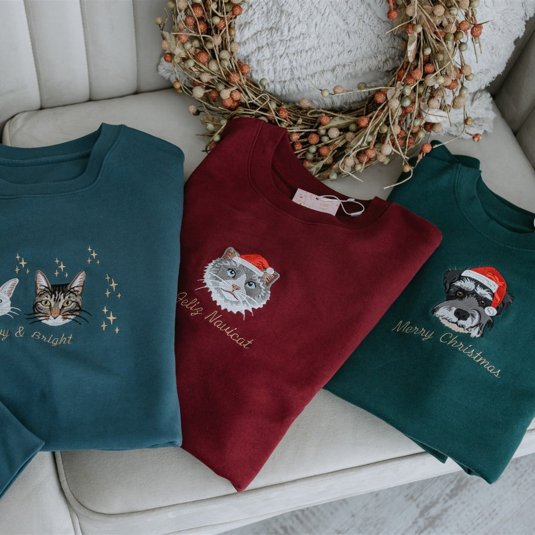 Custom Embroidered Christmas Custom Embroidered Sweatshirt With Pet Portrait