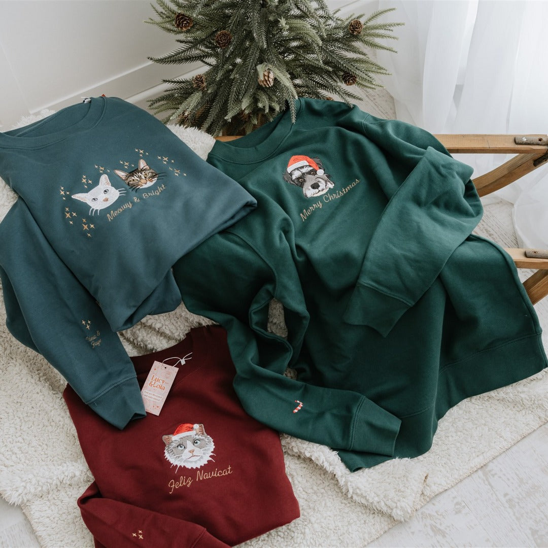 Custom Embroidered Christmas Custom Embroidered Sweatshirt With Pet Portrait