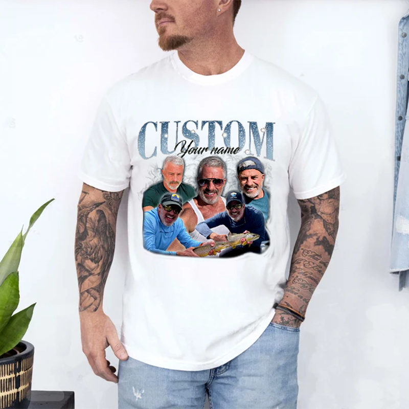 Custom Dad Photo Vintage T-shirt With Shiny Text,Family Personalized Photo Shirt