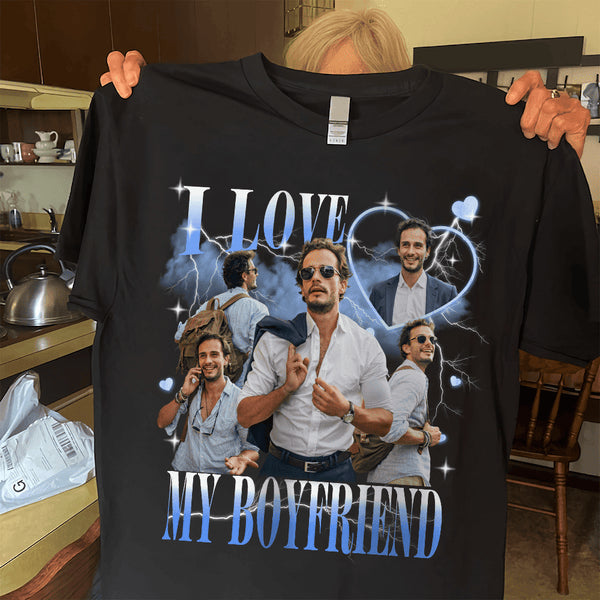 Custom Photo I Love My Boyfriend/Girlfriend Vintage Style Couple Dark T-shirt