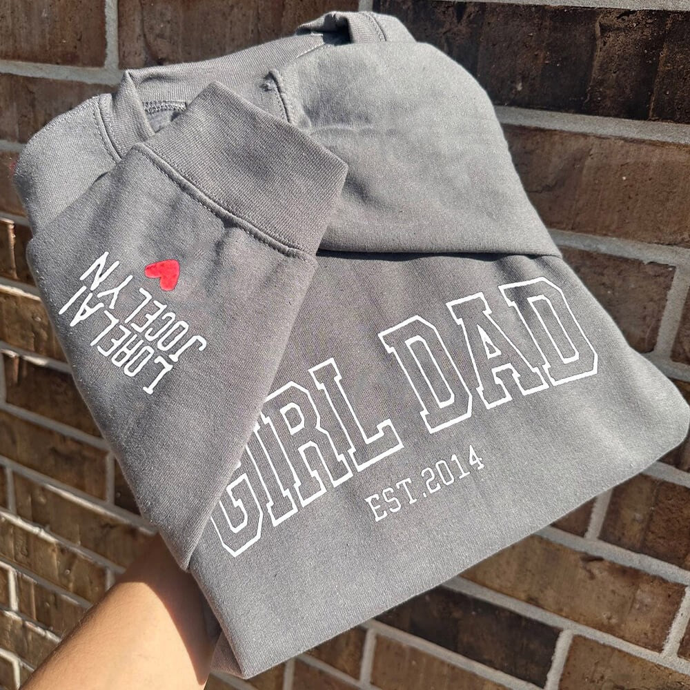 Custom Girl Dad Embroidered Sweatshirt Hoodie With Kids Names On the Sleeve For Father's Day