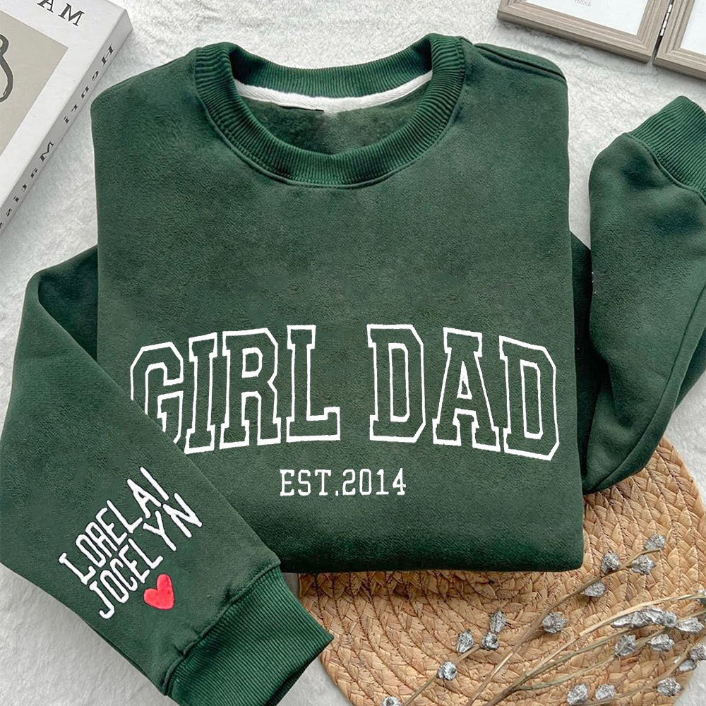 Custom Girl Dad Embroidered Sweatshirt Hoodie With Kids Names On the Sleeve For Father's Day