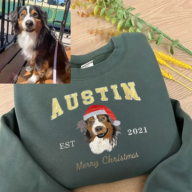 Custom Embroidered Sweatshirt With Pet Portrait and Name | Christmas Jumper Sweatshirt | Gifts for Pet Lovers