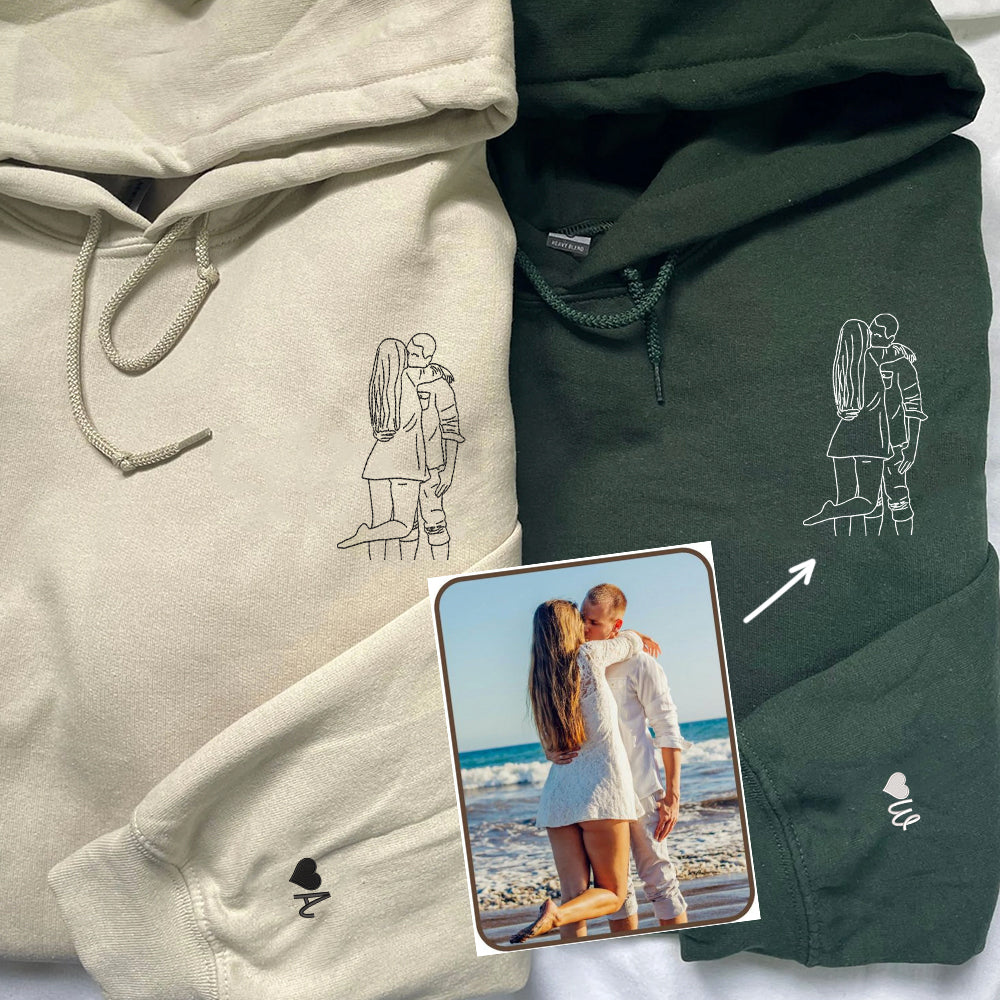 Custom Personalized Picture Outline Embroidered Hoodie Sweatshirt | Portrait Photo Couple Outline Sweatshirt | Custom Line Art Photo Hoodie