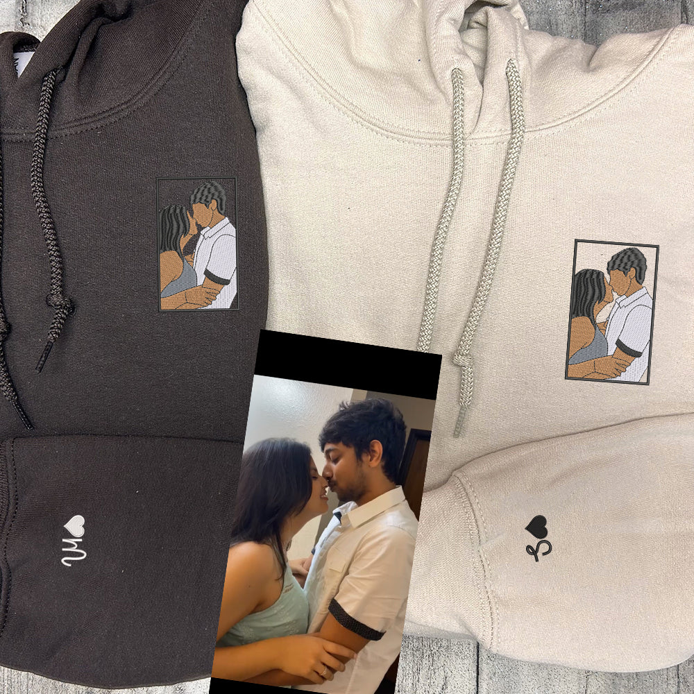 Custom Embroidered Couple Portrait Full-color Sweatshirt Hoodie | Personalized Couple Photo Sweatshirts Hoodies