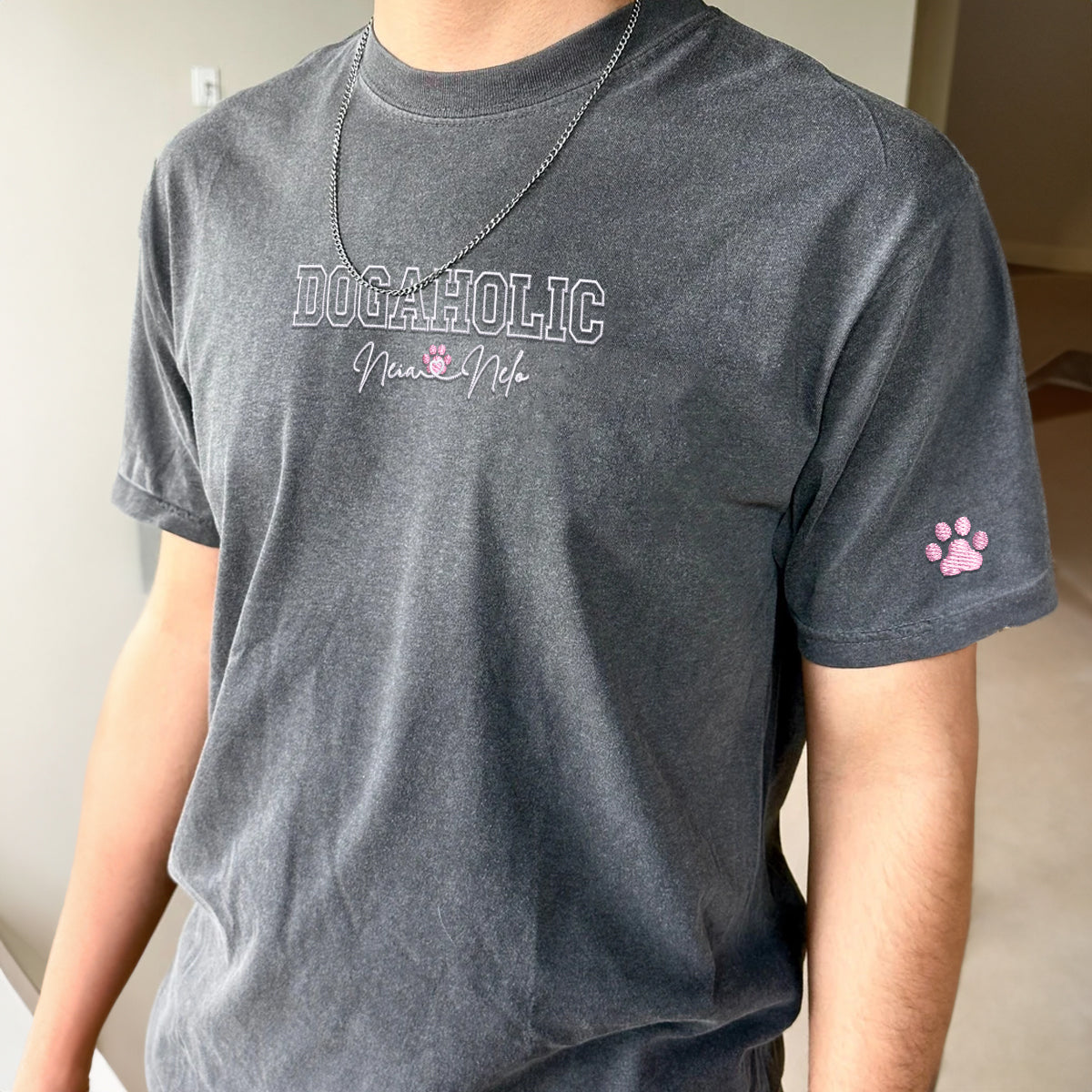 Custom Dogaholic With Names Embroidered T-Shirt | Gift For Pet Lovers