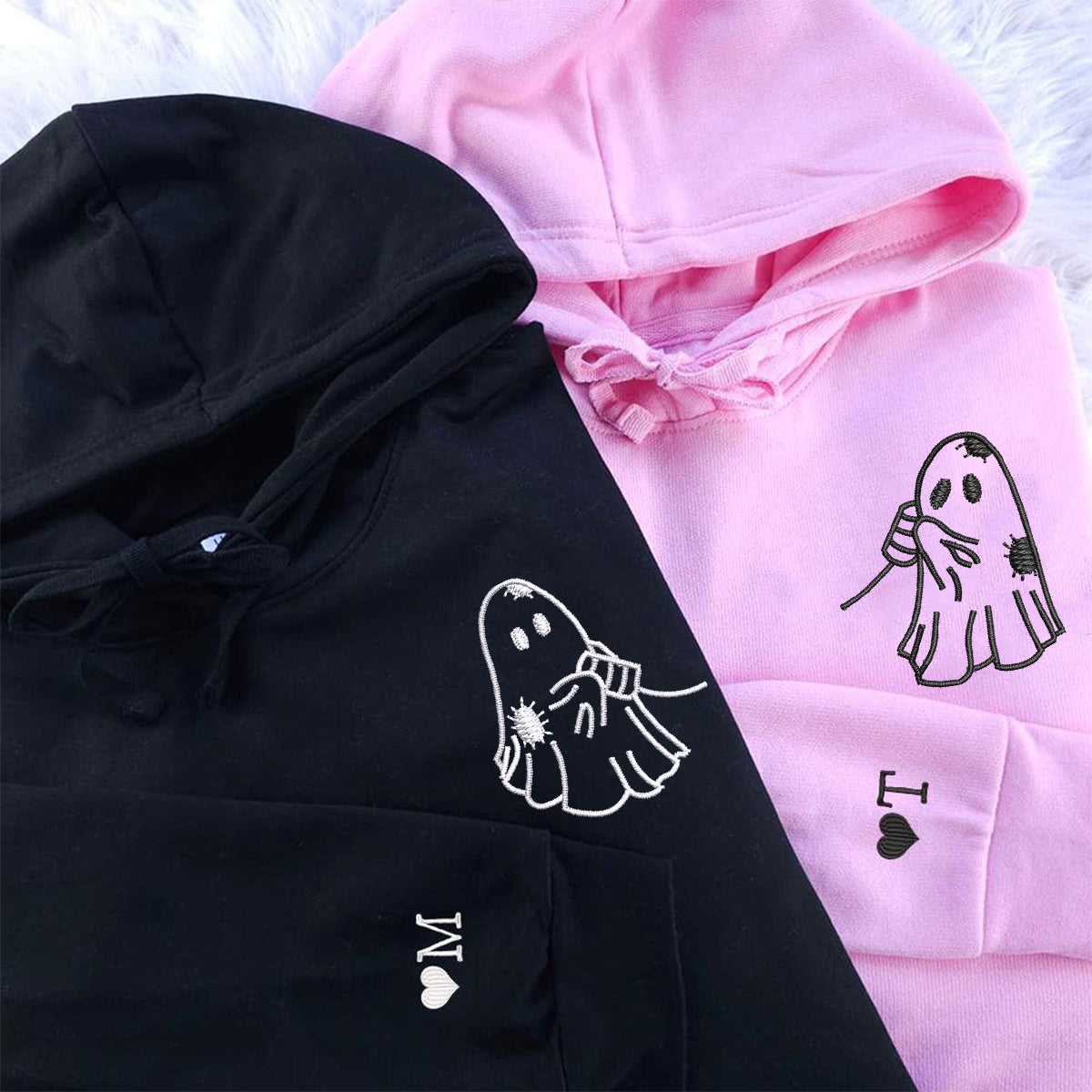 Custom Embroidered Cute Ghost Love Matching Hoodies for Couples