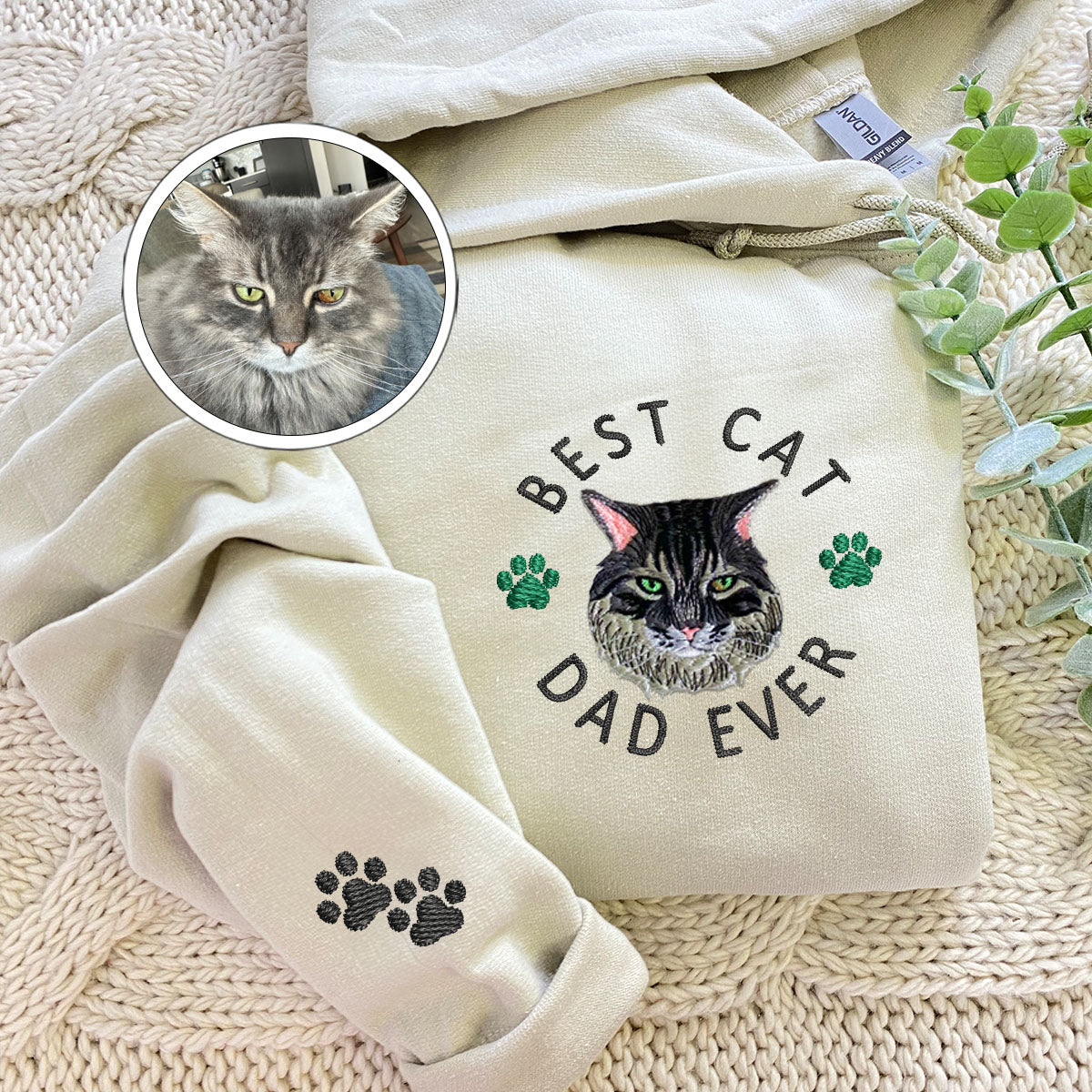 Custom Full-Color Best Cat Dad Ever Embroidered Hoodie | Gift For Pet Lovers