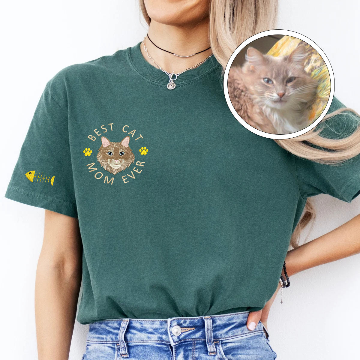 Custom Full-Color Best Cat Mom Ever Embroidered T-Shirt | Gift For Pet Lovers