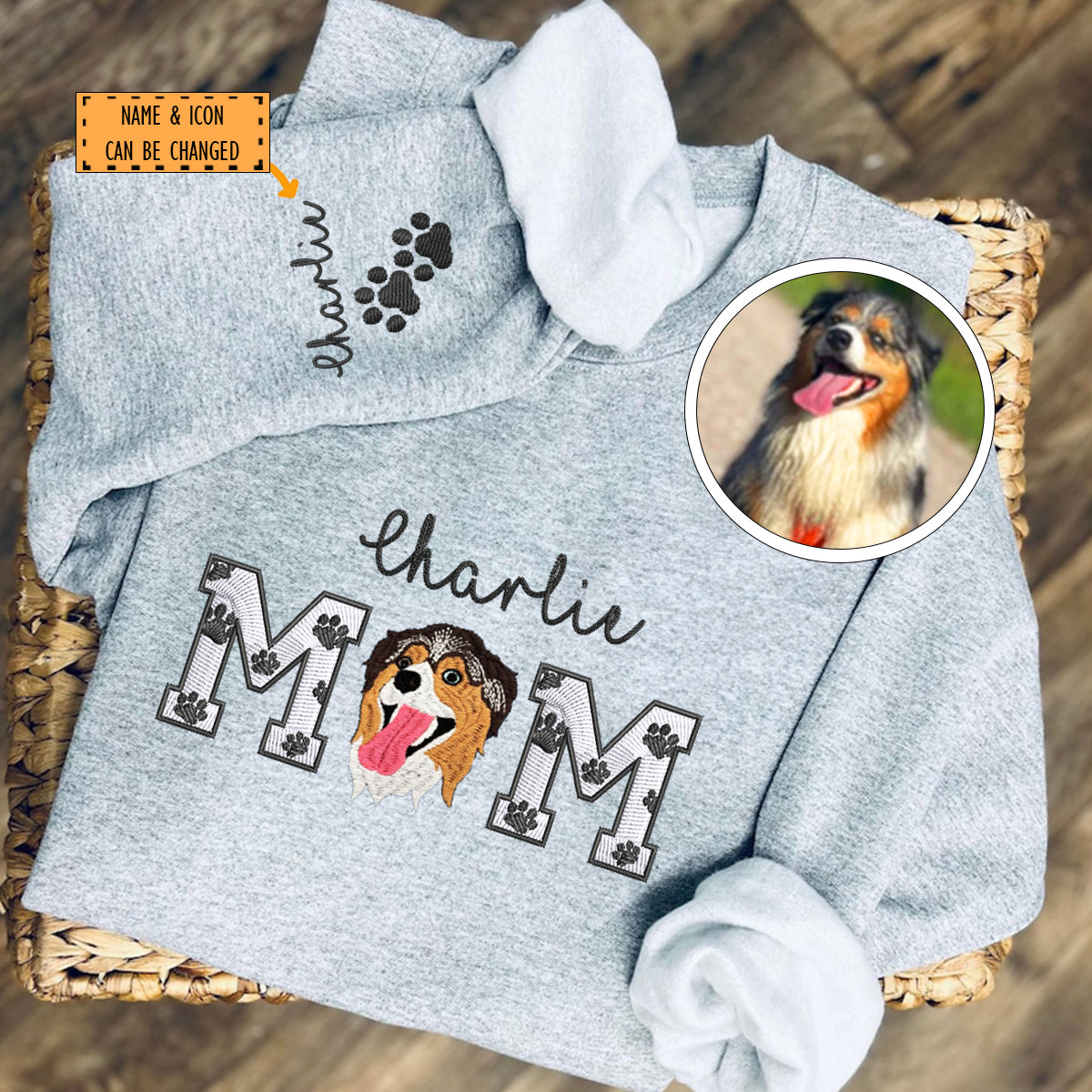 Custom Full-Color Dog Mom With Name Embroidered Sweatshirt | Gift For Pet Lovers