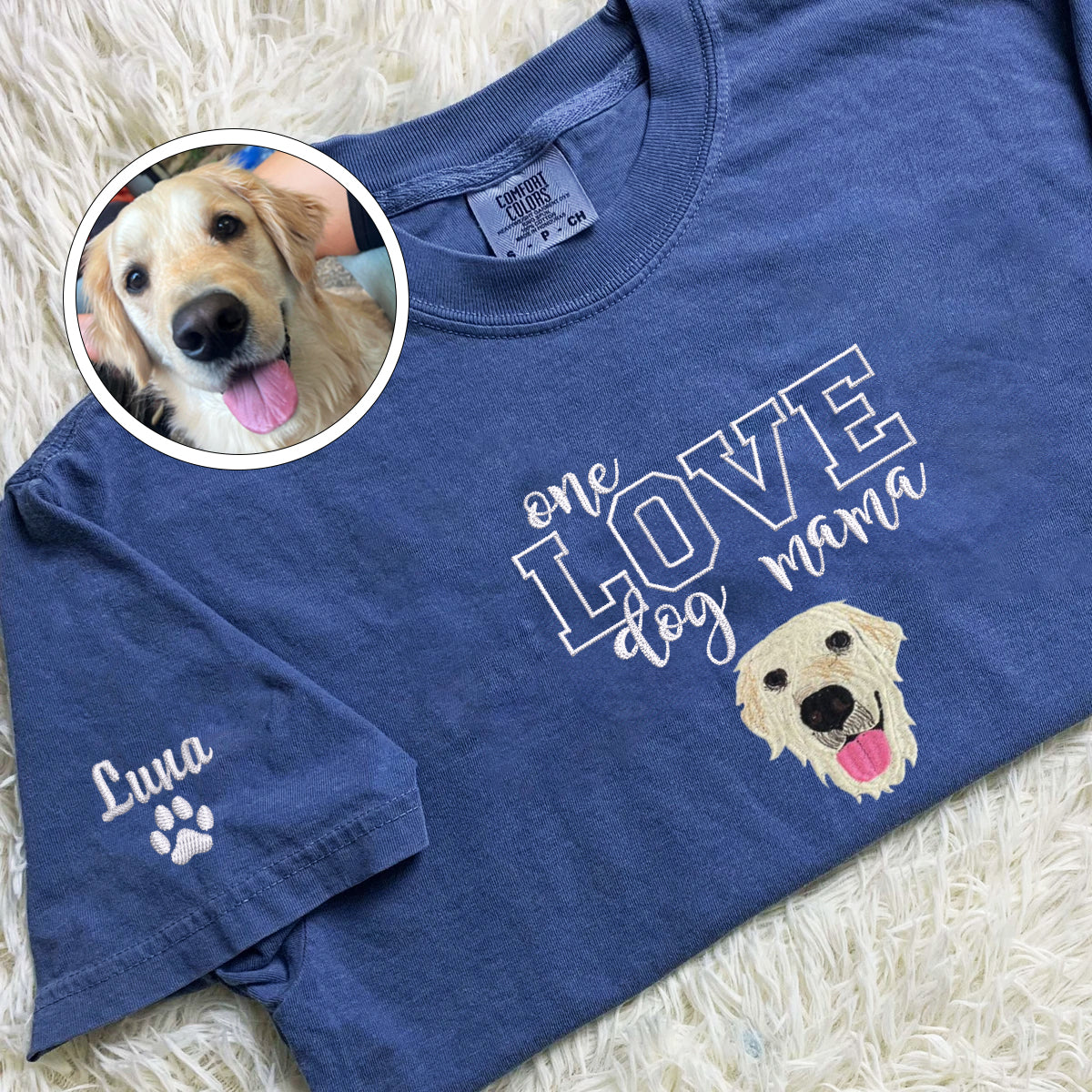 Custom Full-Color One Love Dog Mama Embroidered T-Shirt | Gift For Pet Lovers