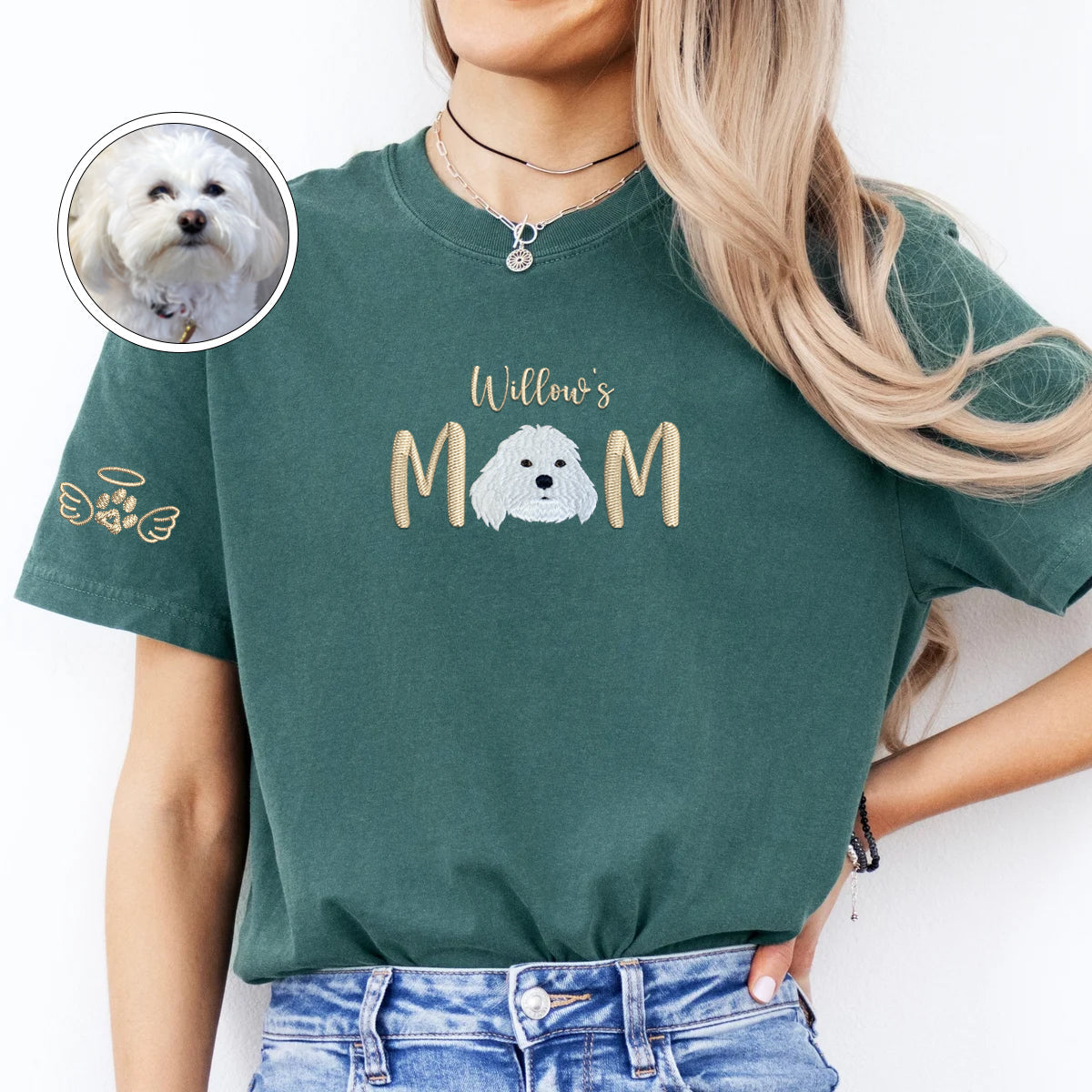 Custom Full-Color Pet Mom With Name Embroidered T-Shirt | Gift For Pet Lovers