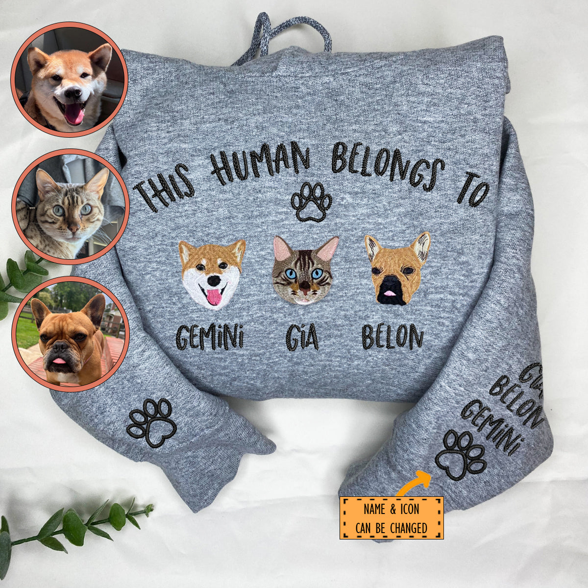 Custom Full-Color This Human Belongs To Embroidered Hoodie | Gift For Pet Lovers