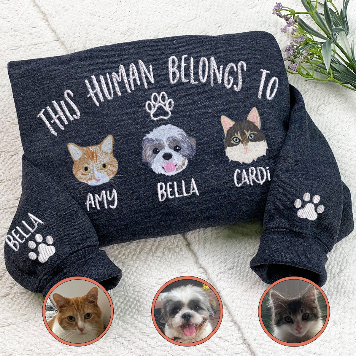 Custom Full-Color This Human Belongs To Embroidered Hoodie | Gift For Pet Lovers