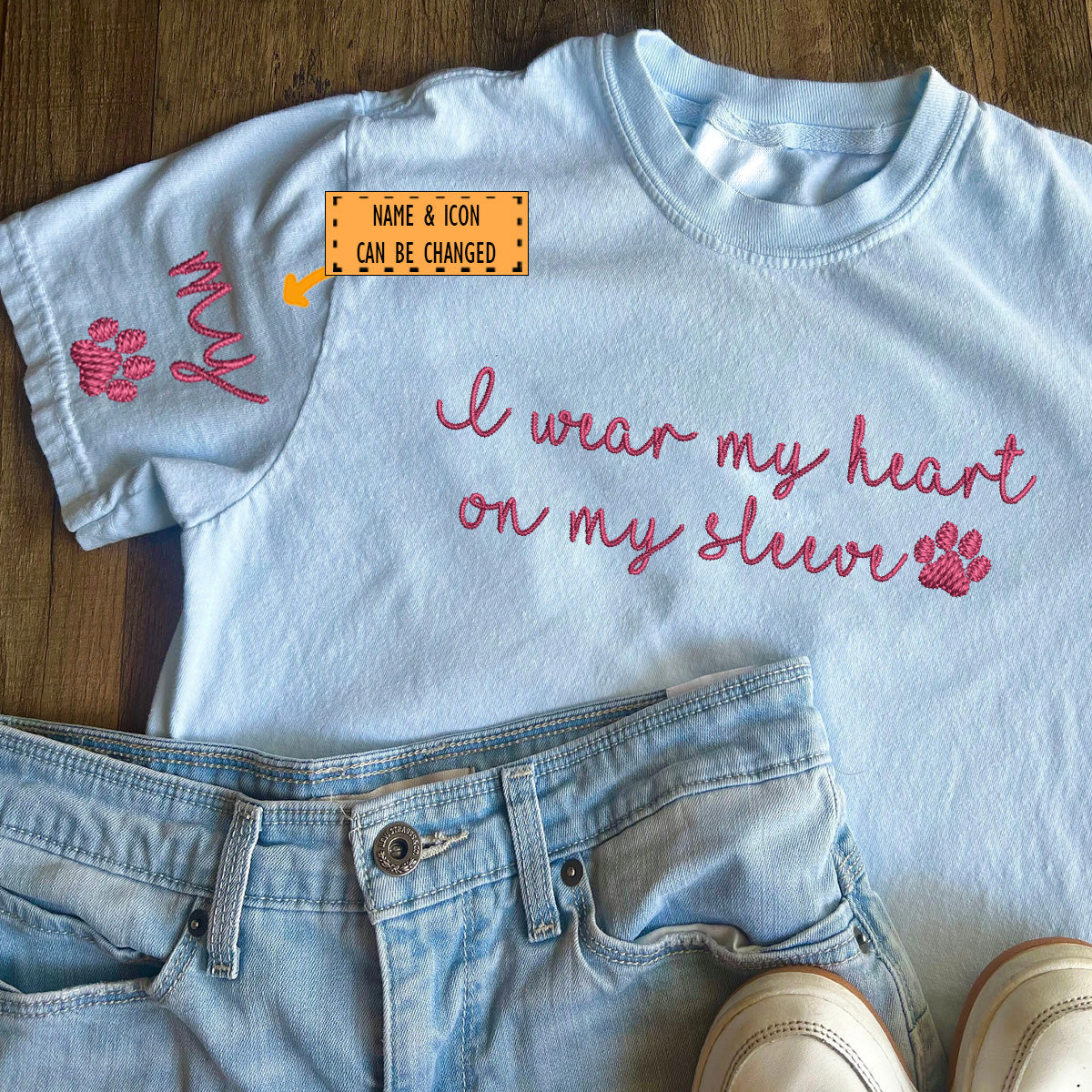 Custom I Wear My Heart On My Sleeve Embroidered T-Shirt | Gift For Pet Lovers