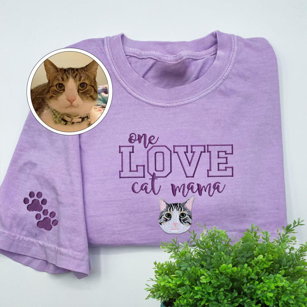 Custom One Love Cat Mama Embroidered T-Shirt | Gift For Pet Lovers