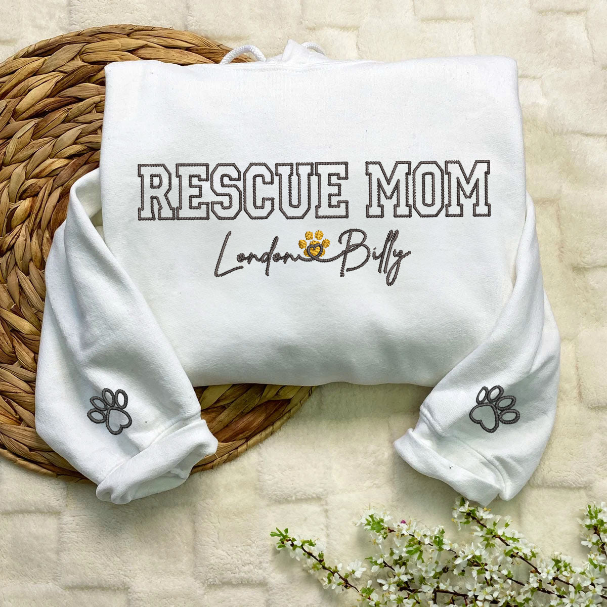 Custom Rescue Mom With Names Embroidered Hoodie | Gift For Pet Lovers