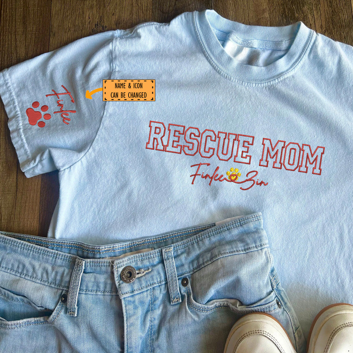 Custom Rescue Mom With Names Embroidered T-Shirt | Gift For Pet Lovers