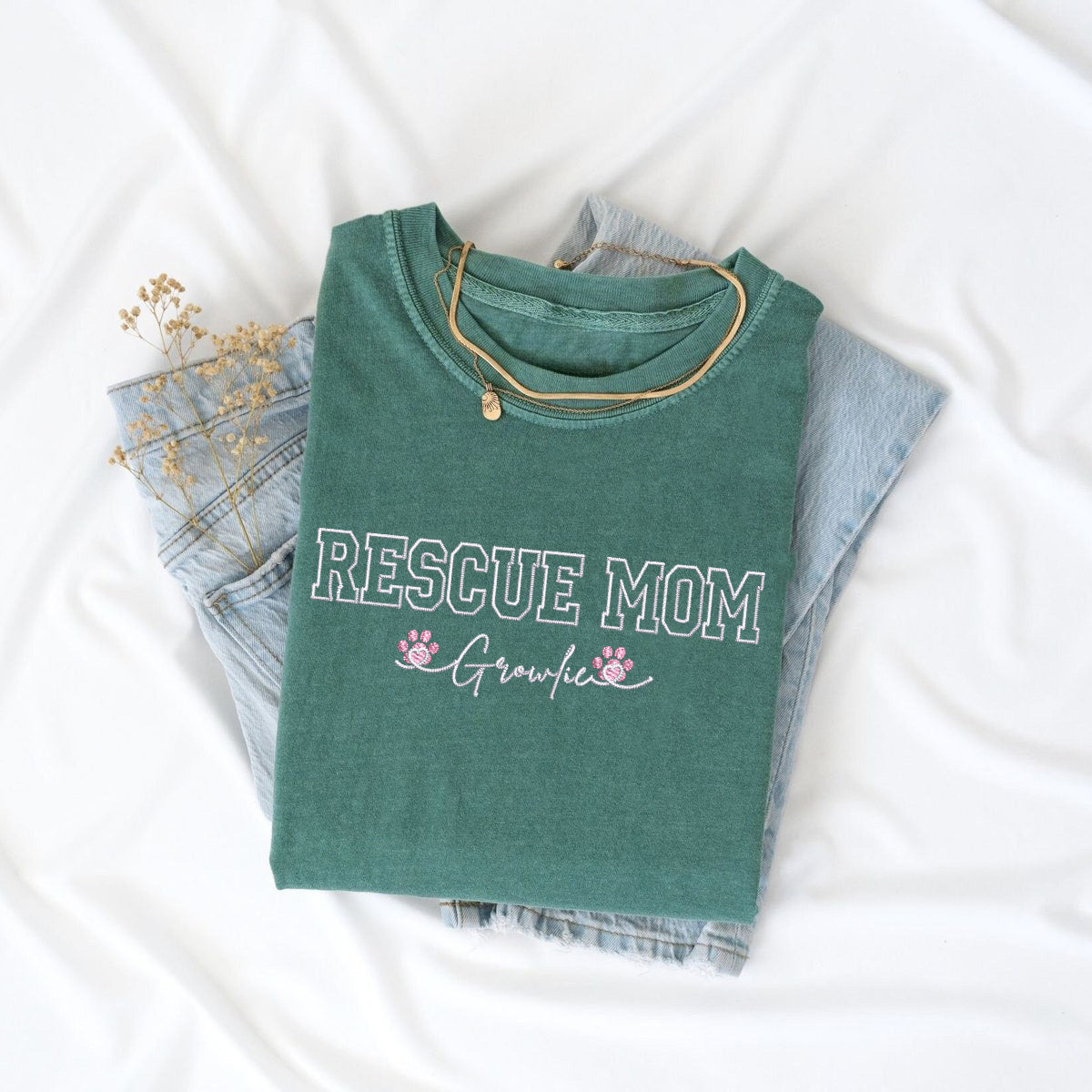 Custom Rescue Mom With Names Embroidered T-Shirt | Gift For Pet Lovers