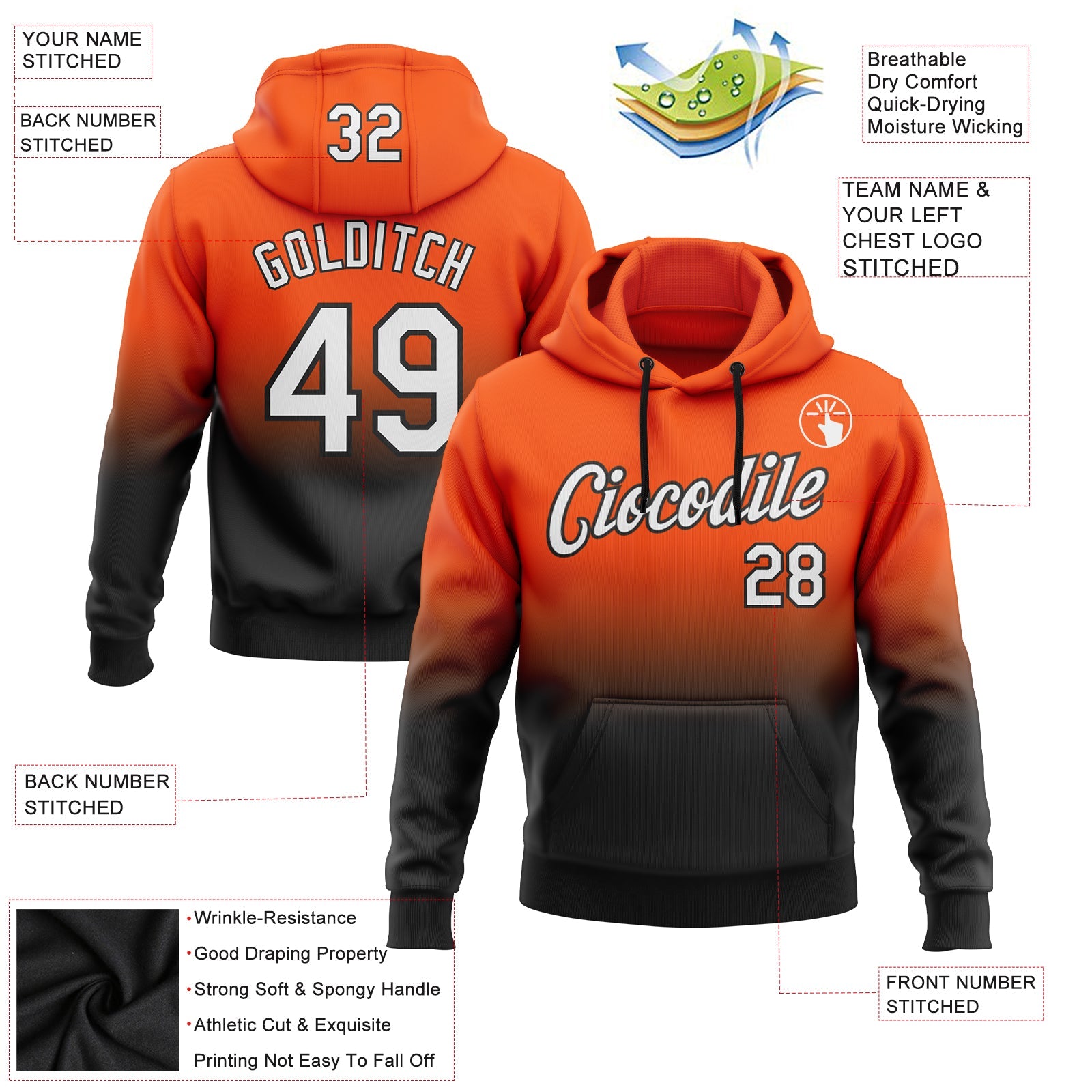 Custom Orange White-Black Fade Fashion Sports Pullover Sweatshirt Hoodie