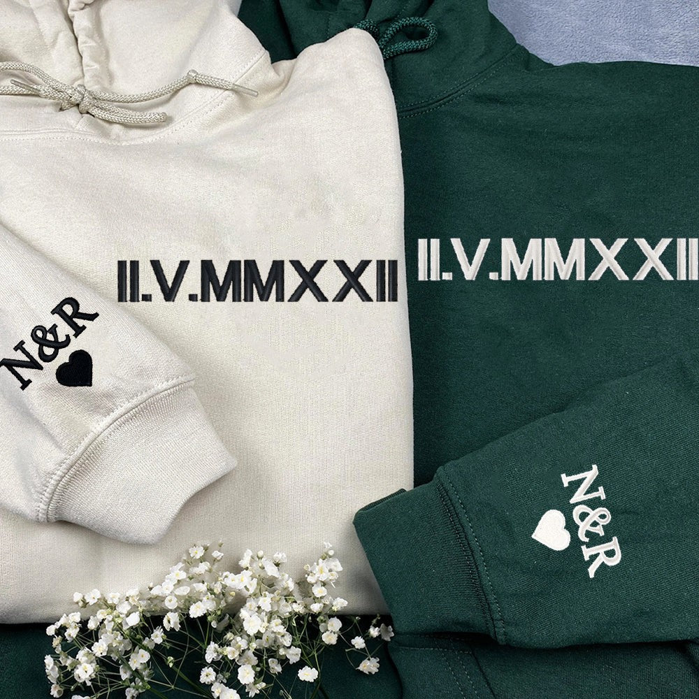 Personalized Couple Roman Numeral Embroidered Hoodie Sweatshirt Love Gift For Girlfriend Boyfriend