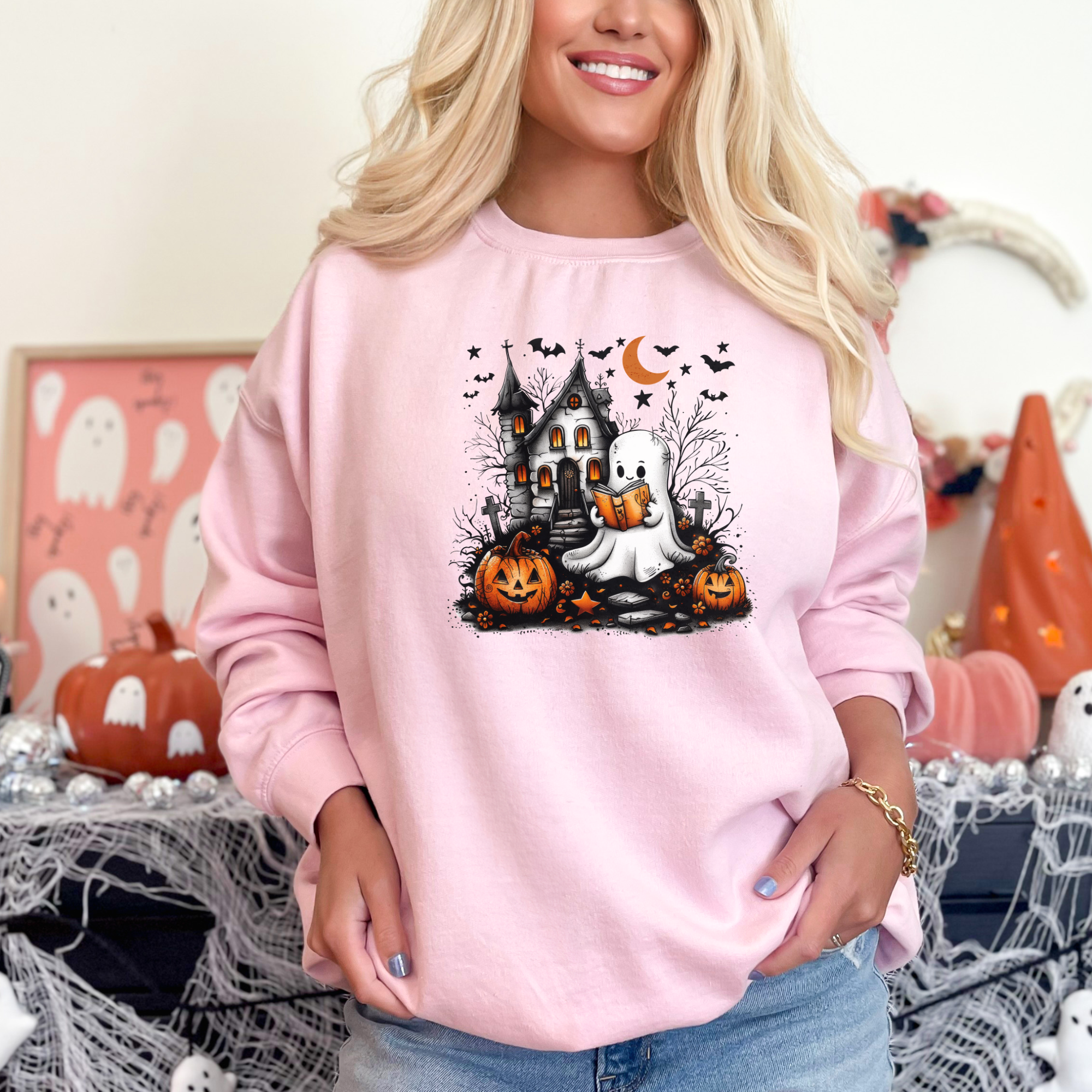 Custom Embroidered Halloween Ghost Book T-shirt | Halloween Sweatshirt