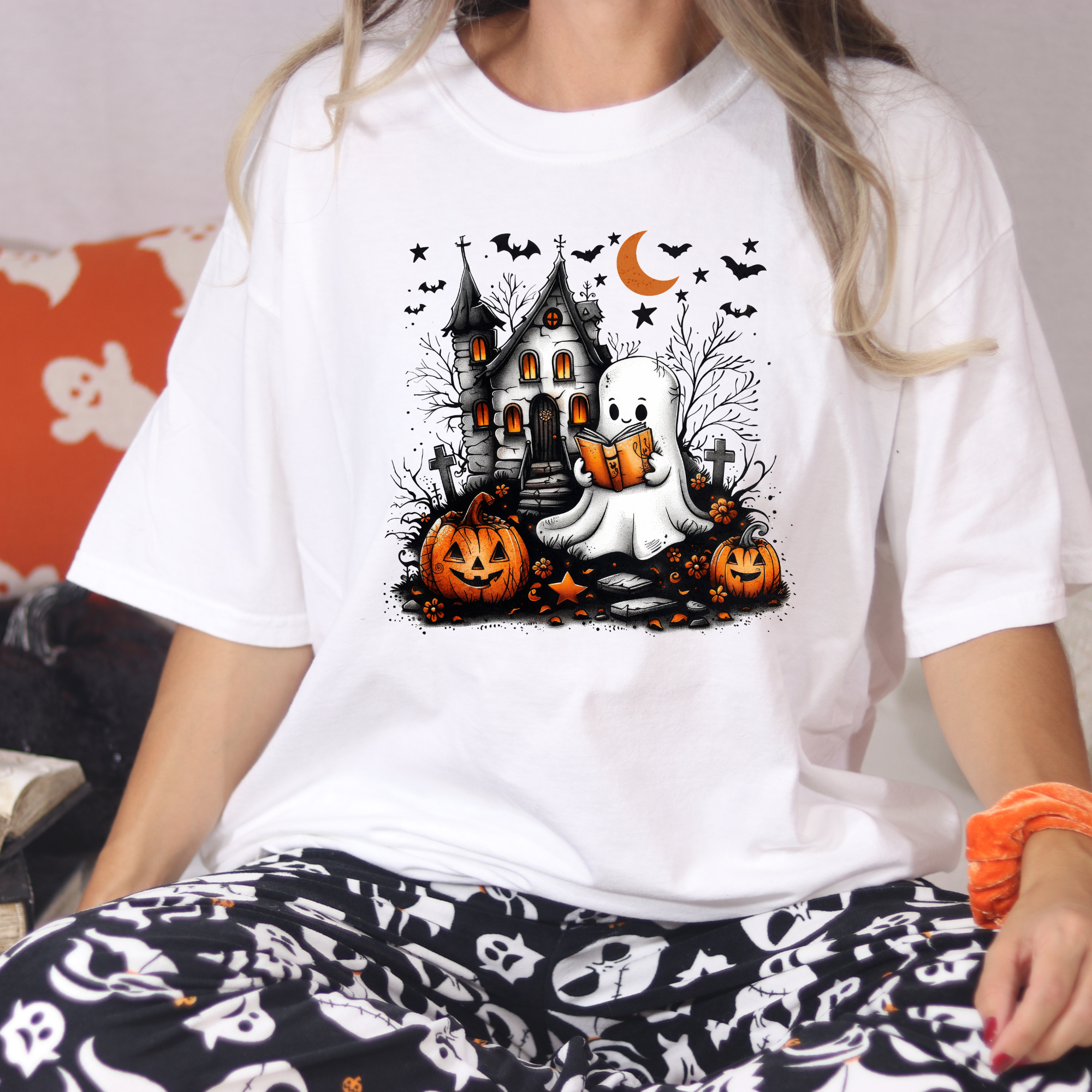 Custom Embroidered Halloween Ghost Book T-shirt | Halloween Sweatshirt