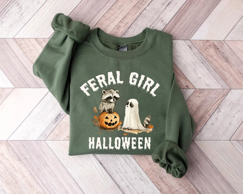 Custom Embroidered Halloween Feral Girl Raccoon Sweatshirt | Halloween Gift