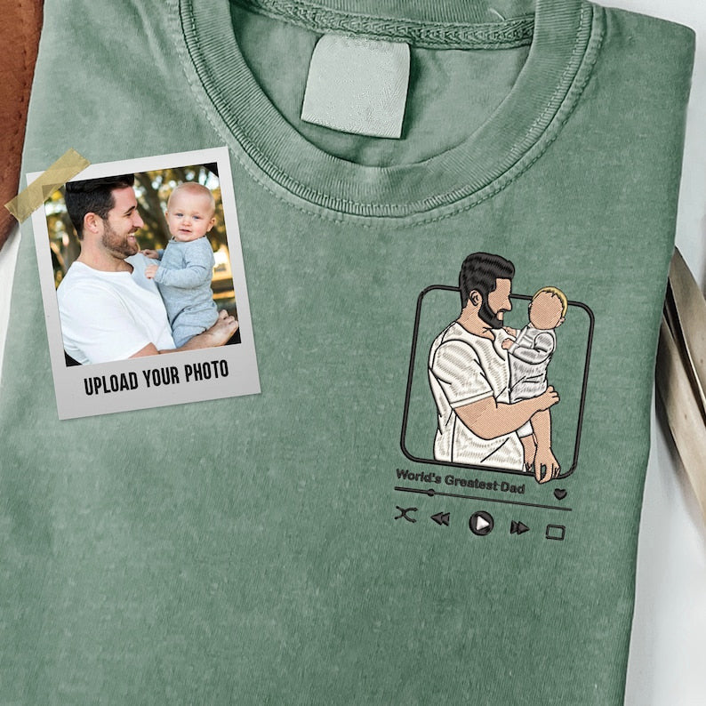 Custom Embroidered Dad T-Shirt,Personalized Photo Unique Gift ,Portrait With Favorite Song Music ,Father's Day Gift