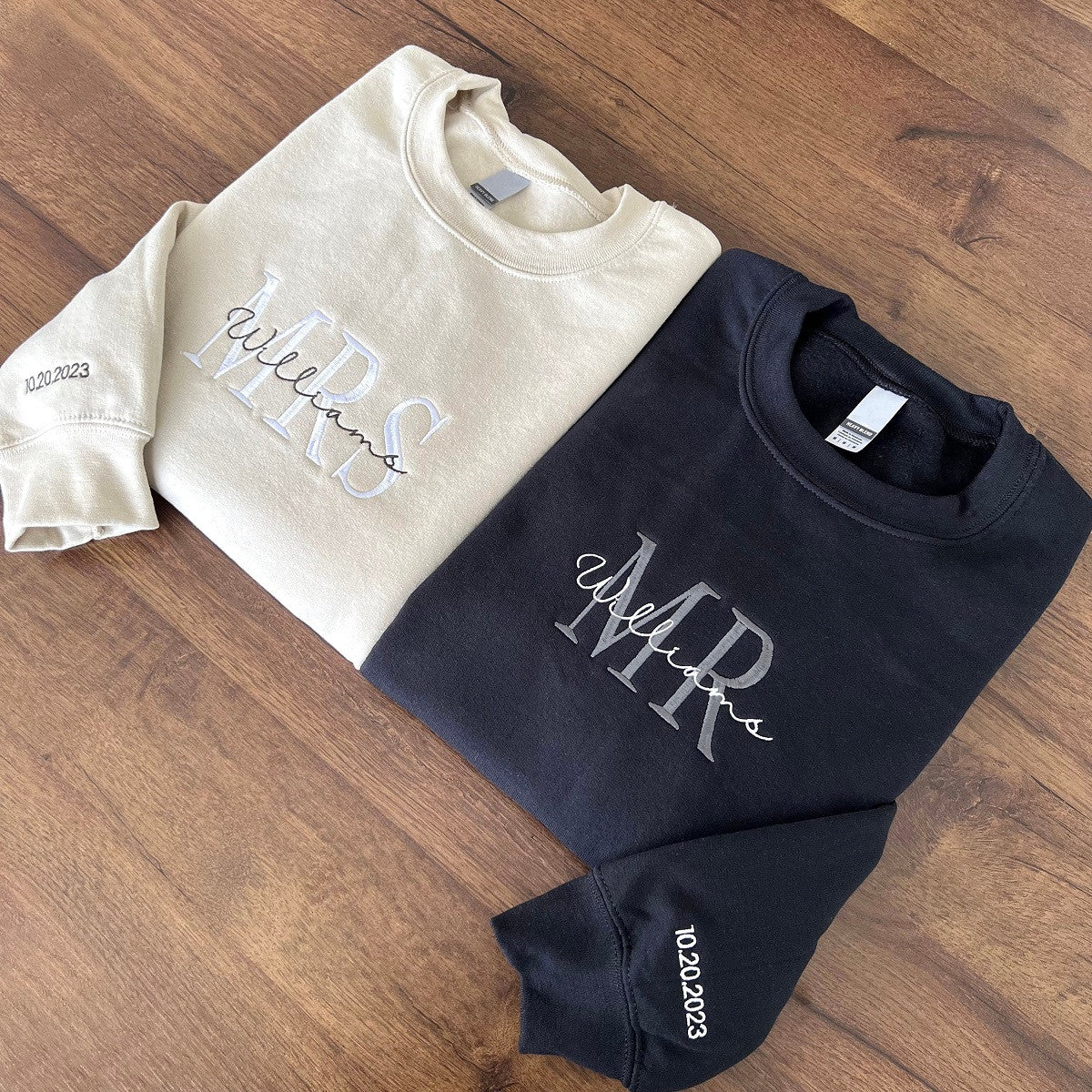 Custom Mrs. and Mr. Embroidered Sweatshirt Date On Sleeve | Gifts For Couple