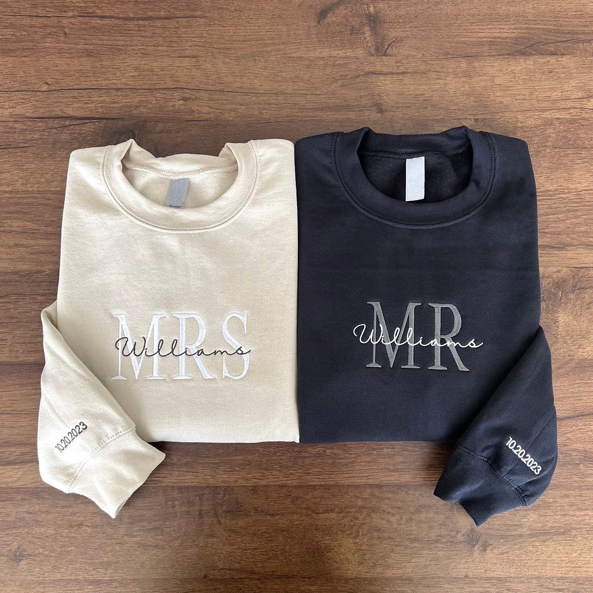 Custom Mrs. and Mr. Embroidered Sweatshirt Date On Sleeve | Gifts For Couple