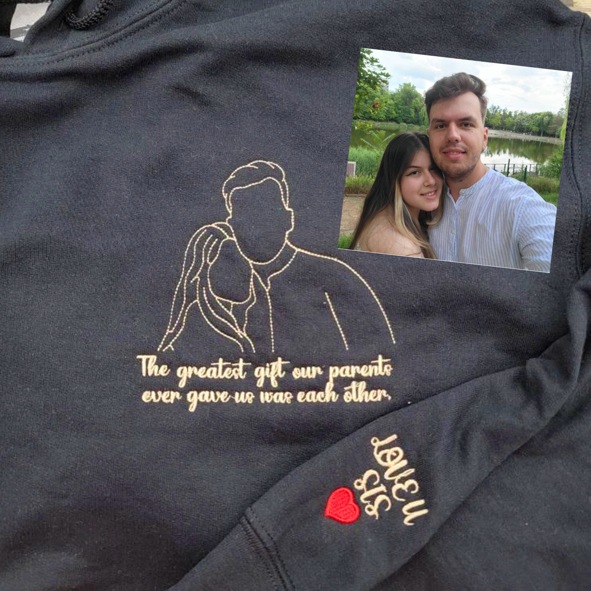 Custom Valentine's Day Couple Embroidered Portrait Photo Sweatshirt | Couple Anniversary Gift