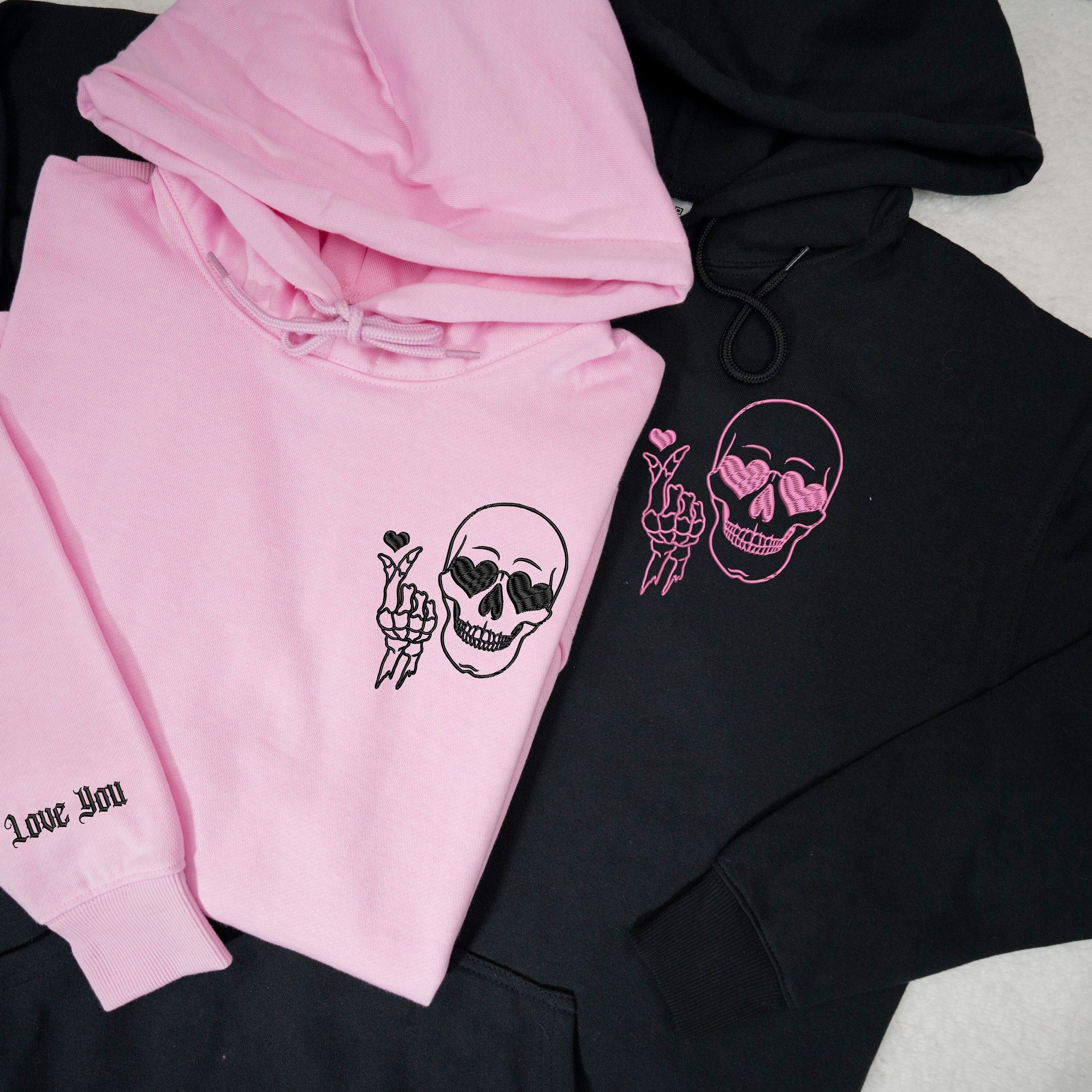 Personalized Embroidered Skeleton Skull Couple Hoodie For Valentine Day